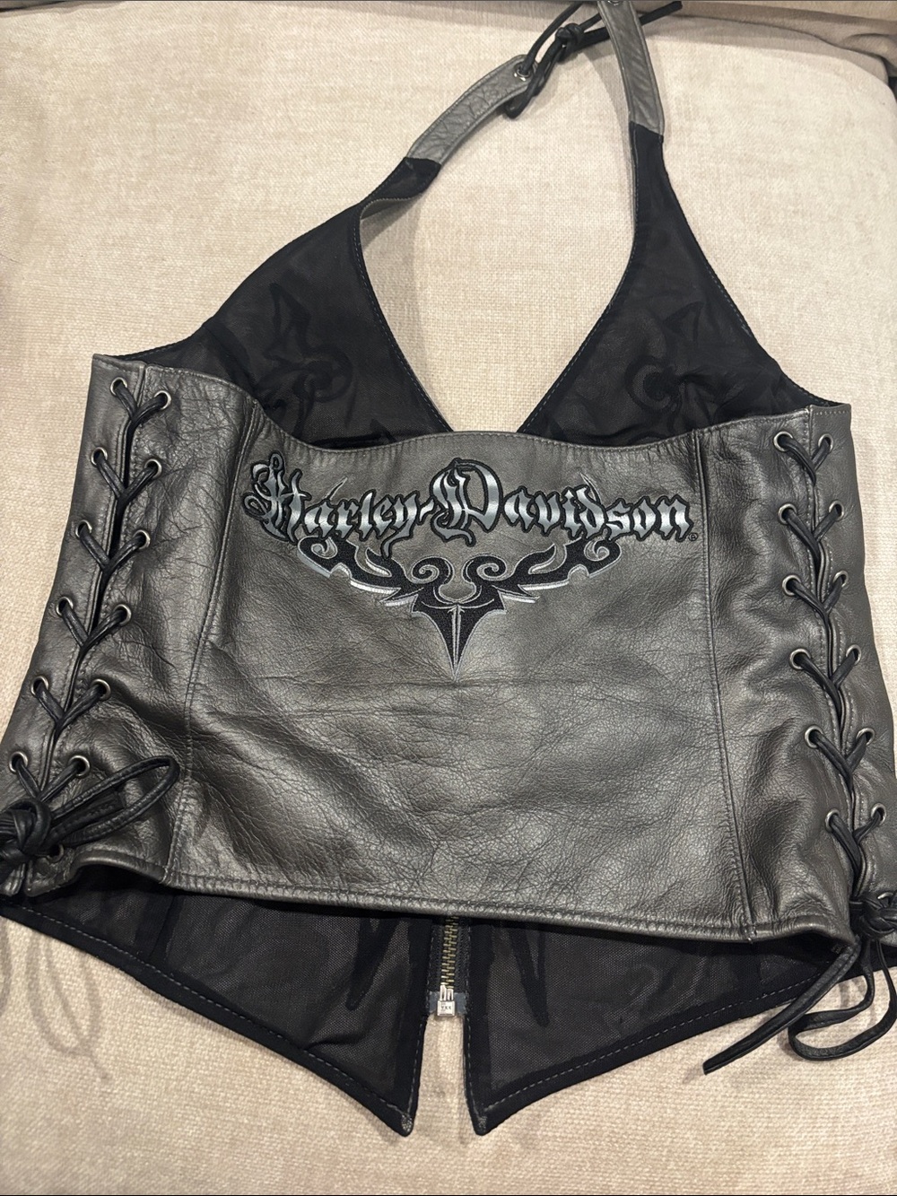 Y2K Harley-Davidson Genuine Gray Leather Corset Halter Top Biker Grunge - Picture 3 of 7
